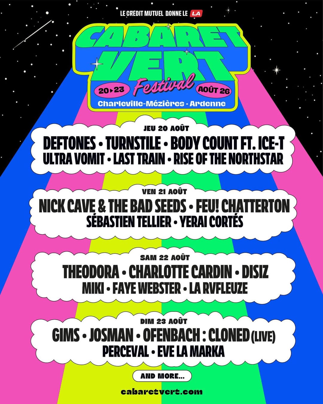 Programmation du jeudi du Cabaret Vert 2026 avec Deftones, Turnstile, Body Count, Ultra Vomit, Last Train et Rise of the Northstar.