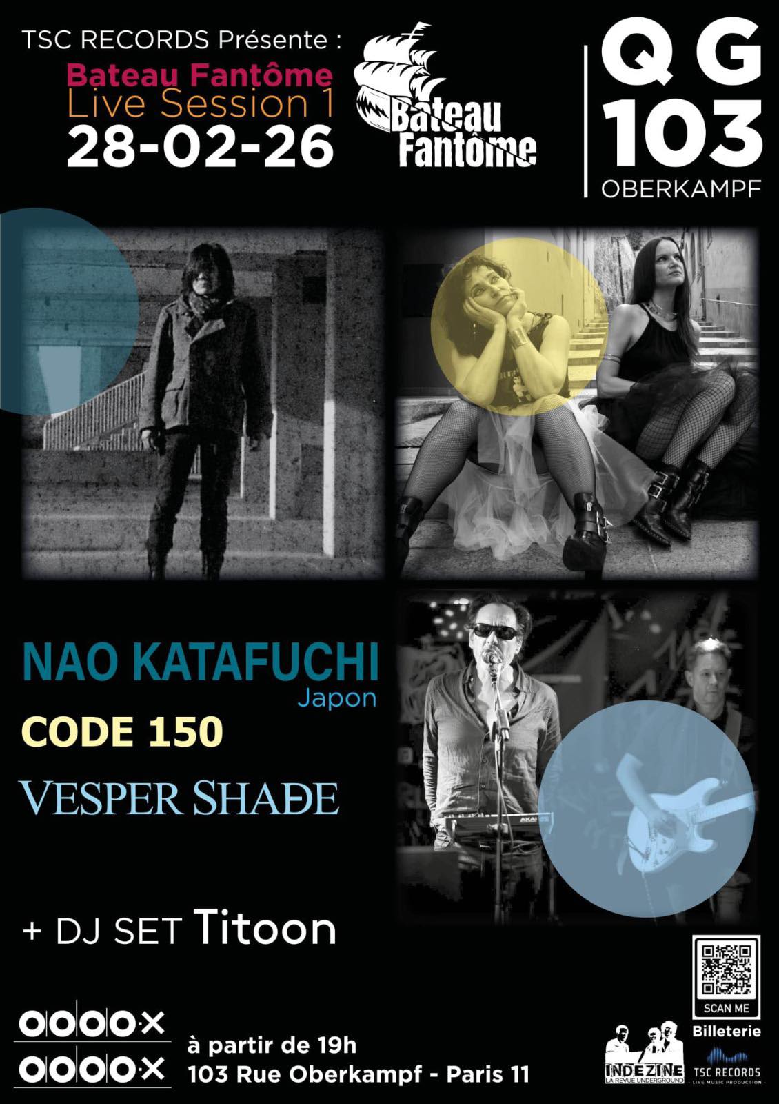 flyer du concert NAO KATAFUCHI, CODE 150 ET VESPER SHADE AU QG OBERKAMPF