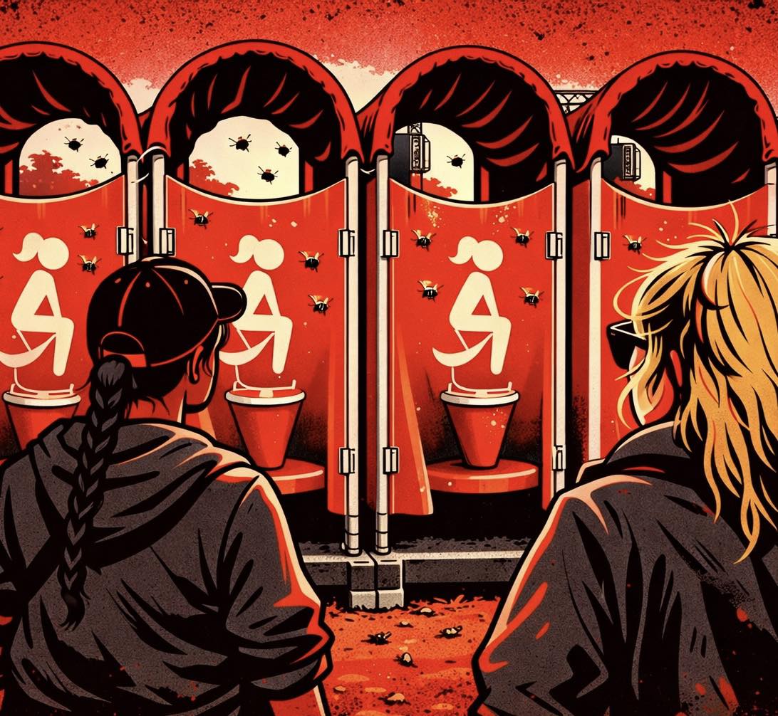 Toilettes et urinoirs féminins dans un festival de musique.