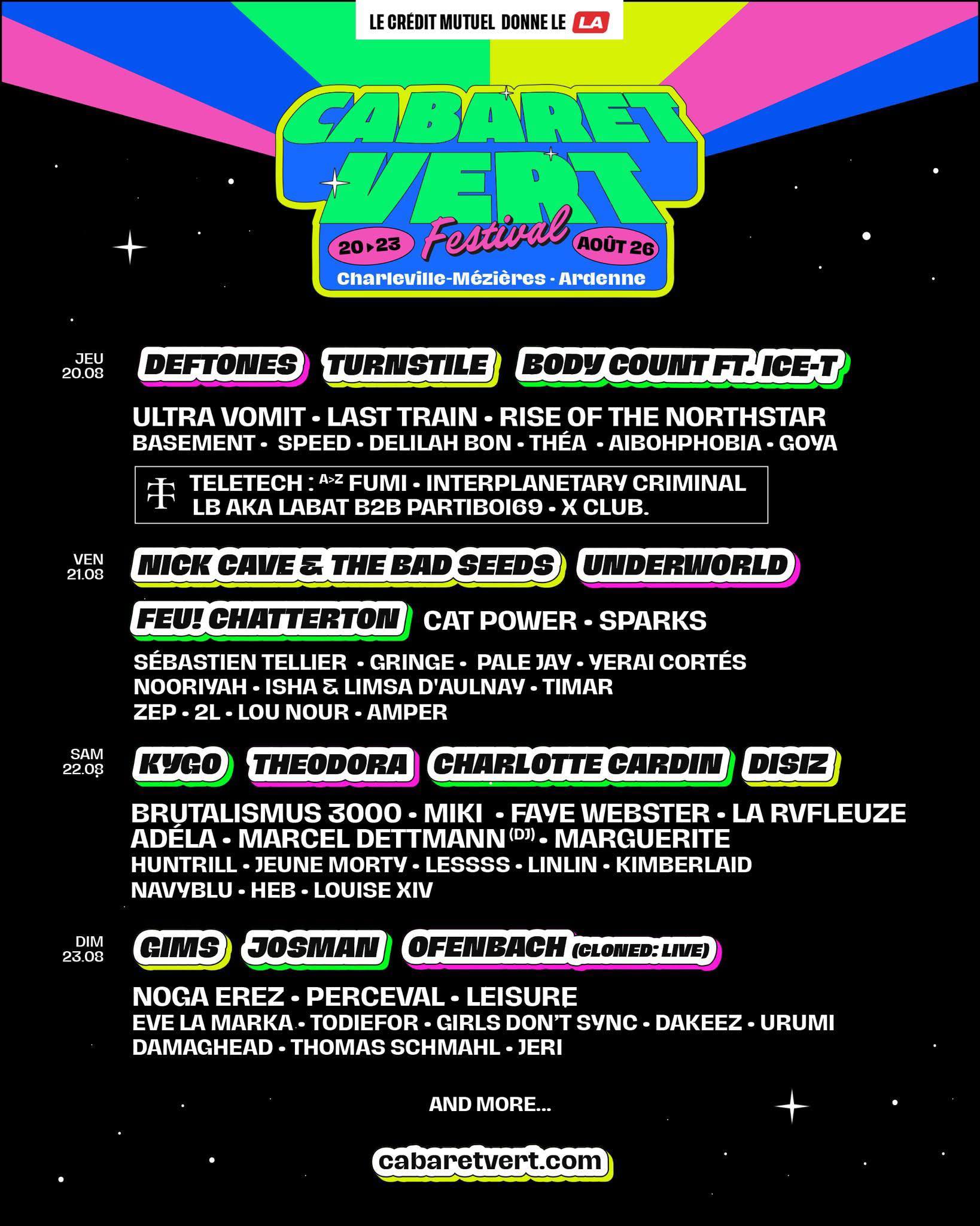 Affiche du Cabaret Vert 2026 avec programmation par jour et interrogation autour de la scène Razorback.