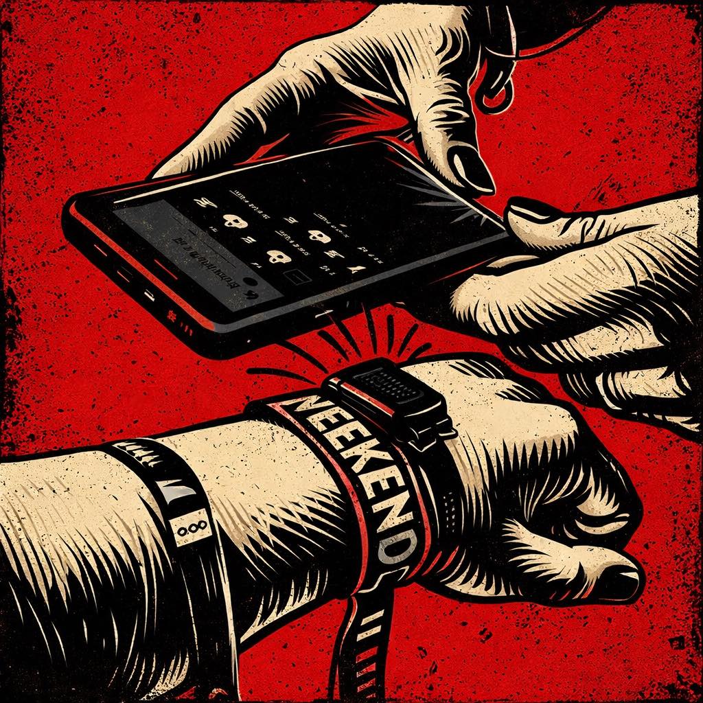 illustration d'un téléphone sur un bracelet cashless de festival