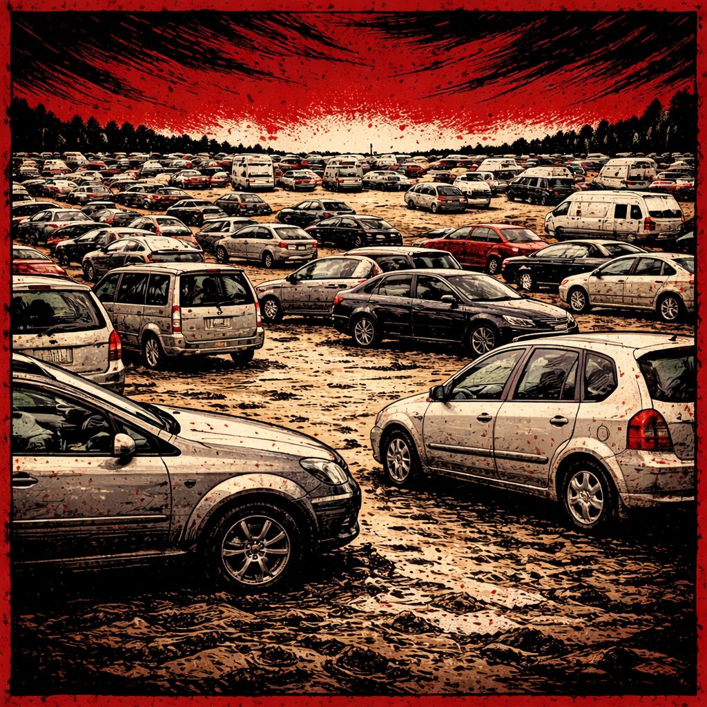 Illustration d'un parking de festival dans un champs