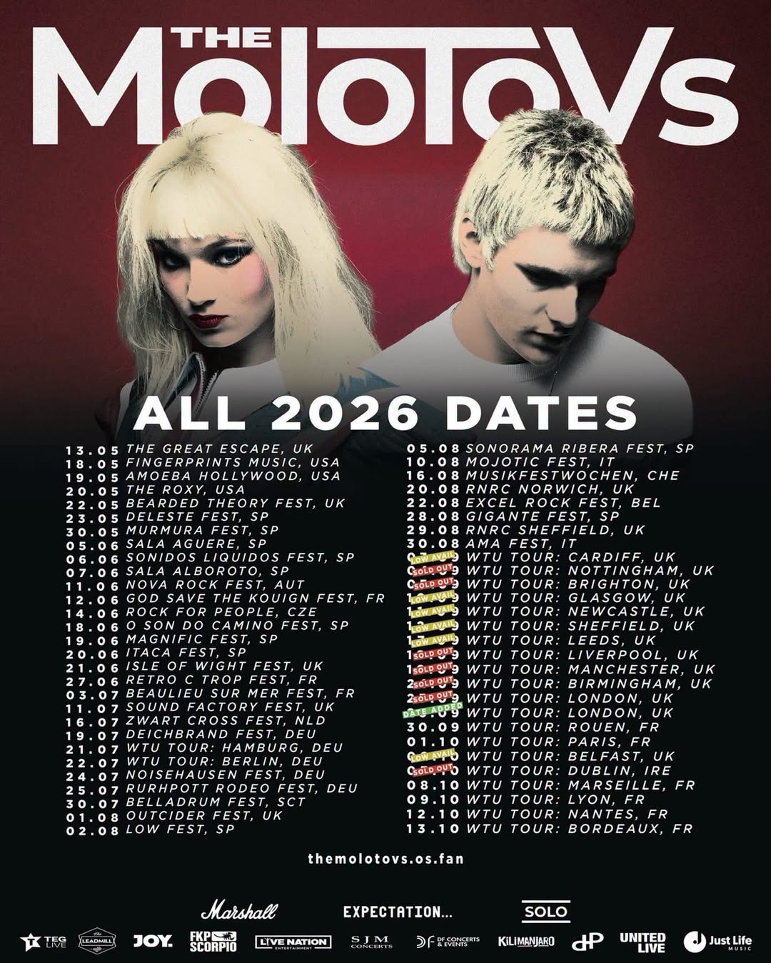 The Molotovs, duo britannique de mod rock et punk, en tournée en France et en Belgique en 2026.