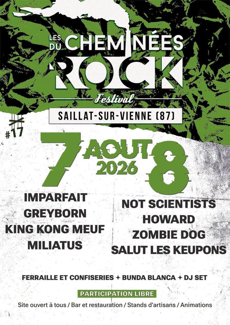 Festival Les Cheminées du Rock 2026 à Saillat-sur-Vienne avec concerts punk rock, Not Scientists et festival à participation libre près de Limoges.