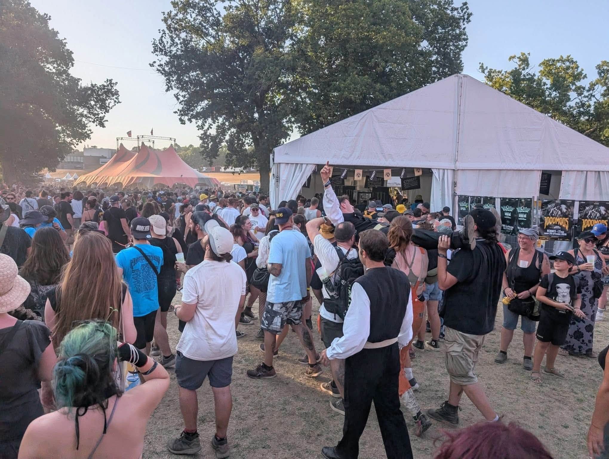 Festivaliers déguisés au Motocultor 2026 à Carhaix dans la poussière