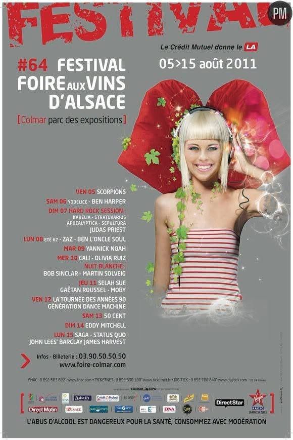 Affiche de la Foire aux Vins de Colmar 2011 avec Judas Priest, Sepultura, Scorpions, Zaz, Moby et 50 Cent
